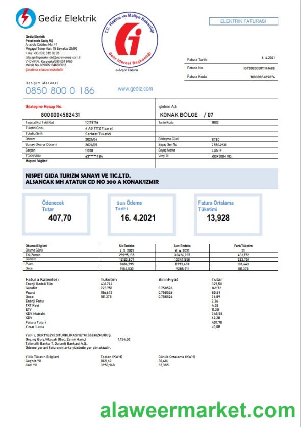 Turkey Gediz Elektrik utility bill template in Word and PDF format, fully editable